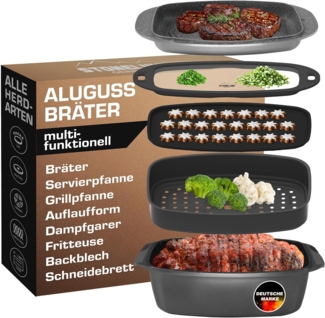 STONELINE Bräter, Aluminiumguss (Set, 5-tlg, 1x Aluguss Bräter, 1x Aluguss Deckel, 1x Glasdeckel/Schneidunterlage), Multifunktional – braten, backen, grillen, dämpfen, schmoren u.v.m.