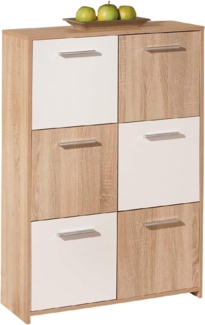 Dmora Sideboard mit sechs Türen, Weiß und Eiche, Maße 77 x 115 x 30 cm