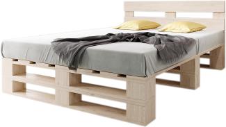 sunnypillow Palettenbett M2 aus Holz 160x200 cm mit Kopfteil und 2 Bettkästen. Doppelbett, Familienbett - erhöhtes Ehebett Bettgestell Futonbett Komforthöhe Naturholz Massivholzbett