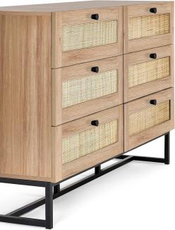 Julian Bowen Padstow Kommode mit 6 Schubladen, Eiche, Melamin mit Rattanfront und Metallsockel, Oak, 6 drawer