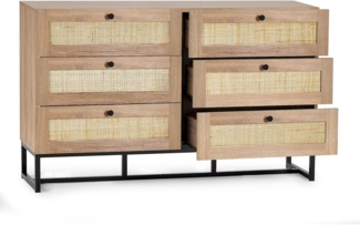 Julian Bowen Padstow Kommode mit 6 Schubladen, Eiche, Melamin mit Rattanfront und Metallsockel, Oak, 6 drawer