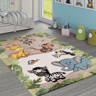 Paco Home Kinderteppich Kinderzimmer Dschungel Tiere Giraffe Löwe AFFE Zebra Beige Creme, Grösse:Ø 120 cm Rund