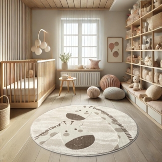 Teppich Kinderzimmer Rund - 120x120cm - Pastell Beige Creme - Kurzflor Spielteppich mit niedlichen Giraffen Motiv