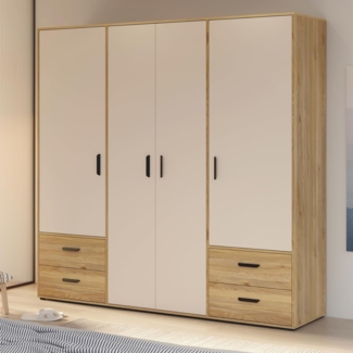 Forte MOKKARO Kleiderschrank 205, Schrank mit 4 Drehtüren und 4 Schubladen, Holzwerkstoff, Sand/Mauvella Eiche Dekor, 205,9 cm breit, 200,1 cm hoch, 52,7 cm tief