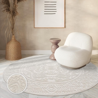 Paco Home Outdoor Teppich Wetterfest Balkon Wohnzimmer Skandinavisches Boho Muster Einfarbig Geometrisch 3D Effekt Moderne Deko, Grösse:120 cm Rund, Farbe:Creme 3