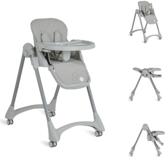 Moni Kinderhochstuhl Rico klappbar, höhenverstellbar, Doppeltablett, Räder, Gurt grau