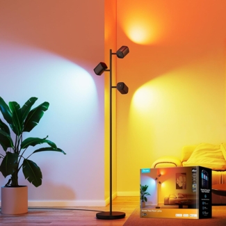 Govee 3-Flammen LED Stehlampe, RGBWW Fokus-Verstellbar Stehleuchte, 1500lm, Matter Alexa Kompatibel, 64+ Szenen, Musik Sync, 157cm Stehlampen Schwarz für Wohnzimmer, Schlafzimmer, Lesezimmer Deko