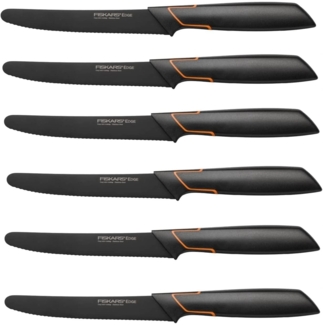 Fiskars 6 Stück Tafelmesser - Tomatenmesser Edge mit Wellenschliff rostfrei - Modernes Design - Schwarz