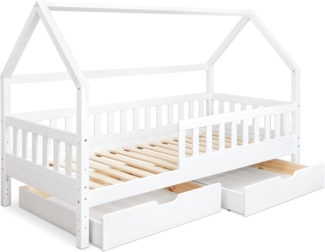 Ehrenkind® Hausbett | Kinderbett mit abnehmbaren Rausfallschutz aus Massivholz FSC zertifziert inkl. Lattenrost & Schubladen | Hausbett 90x200 | Kinderbett 90x200 Weiß