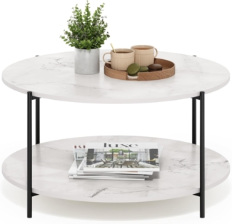Furinno Besi 2-stufiger moderner runder Couchtisch mit stabilen Metallbeinen, Marmor Weiß/Schwarz