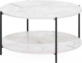 Furinno Besi 2-stufiger moderner runder Couchtisch mit stabilen Metallbeinen, Marmor Weiß/Schwarz