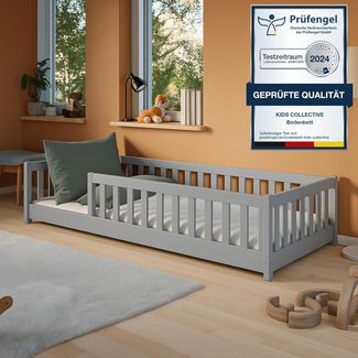 Kids Collective Kinderbett Bodenbett Bett mit Rausfallschutz & Lattenrost Montessori Bett Kinder (weitere Größen 80x180, 90x190, 90x200, 120x200, 140x200 cm), Jugendbett Einzelbett mit Matratze Aschgrau Kiefer 80x160 cm