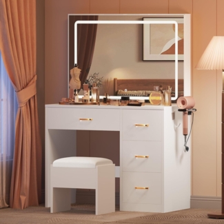 YITAHOME Schminktisch mit Spiegel, Kosmetiktisch mit 4 Schubladen, Beleuchtung, Steckdose, Weiß (Make Up Tisch, Frisiertisch, Kosmetiktisch, Vanity Table)