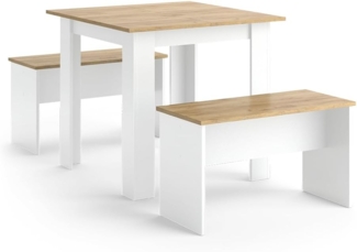 Esstisch Set Sentio Goldkraft Eiche/Weiß 80 x 80 cm mit 2 Bänken Vicco