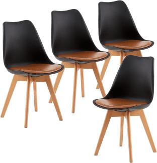 EGGREE 4er Set Esszimmerstühle mit Massivholz Buche Bein SGS Geprüfter, Skandinavisch Design Gepolsterter aus PU-Leder Küchenstuhl Essstühle, Schwarz & Braun