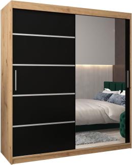 Kryspol Schwebetürenschrank Verona 2-180 cm mit Spiegel Kleiderschrank mit Kleiderstange und Einlegeboden Schlafzimmer- Wohnzimmerschrank Schiebetüren Modern Design (Artisan Eiche + Schwarz)