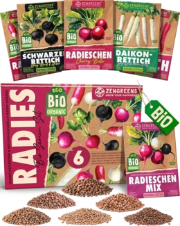 ZenGreens® - Bio Rettich- & Radieschensamen im 6er Set - 6 Rettich- & Radieschen Samen für den einfachen Anbau im Garten, Balkon oder Hochbeet - Pflanzensamen - Saatgut