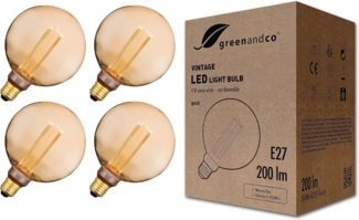 greenandco 4x Vintage Design LED Birne zur Stimmungsbeleuchtung | E27 G125 | gold | 4W 200lm | 1800K extra warmweiß | 320° | 230V | flimmerfrei | nicht dimmbar | Edison Glühbirne