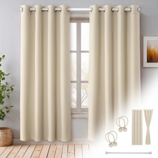 Cozyor Vorhang Set mit 2x Gardine + 2x Vorhanghalter + 1x Gardinenstange ohne Bohren, Ösen (2 St), verdunkelnd, Polyester, blickdicht beige Driftwood, Thermo Gardine 200x135 cm mit Magnethalter, Flur & Fenster