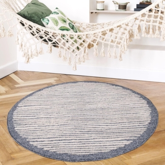 Teppich Rund - Blau Cream-Streifen – 200x200cm Kurzflor Modern Dekoration fürs Wohnzimmer Schlafzimmer Skandinavische Teppiche