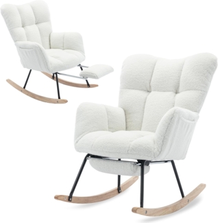 SeedWave Schaukelsessel Teddy Schaukelstuhl Wohnzimmer mit Fußstütze und Seitentasche, Relaxsessel mit Metallrahmen, Massivholzsockel mit Boden Schutzfilz