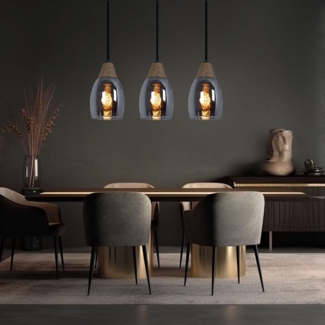 Hängelampe, Metall, Holzoptik, Glas rauchfarben, L 55 cm