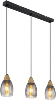 Hängelampe, Metall, Holzoptik, Glas rauchfarben, L 55 cm