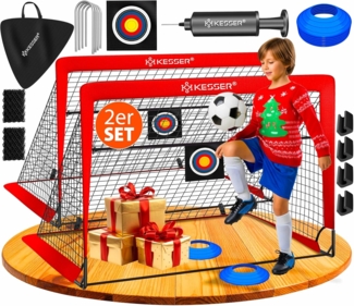 KESSER Pop-Up Fußballtor, 2er Set, mit Transporttasche, 6x Hütchen, Ballpumpe & Zielscheibe, Glasfaserstangen, 120x90 cm, Rot