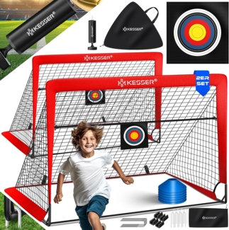 KESSER Pop-Up Fußballtor, 2er Set, mit Transporttasche, 6x Hütchen, Ballpumpe & Zielscheibe, Glasfaserstangen, 120x90 cm, Rot