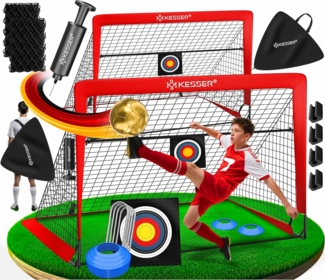 KESSER Pop-Up Fußballtor, 2er Set, mit Transporttasche, 6x Hütchen, Ballpumpe & Zielscheibe, Glasfaserstangen, 120x90 cm, Rot