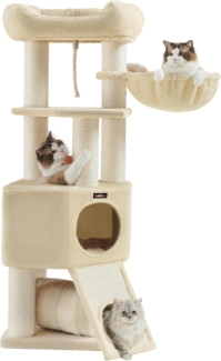 Feandrea Kratzbaum mit Höhle, Hängematte, Plüschplattform & Tunnel, 50 x 50 x 141 cm, Beige