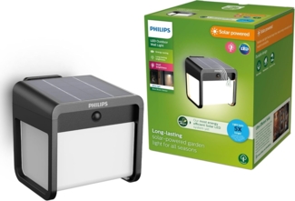 PHILIPS Ezra ultraeffiziente Solar-Wandleuchte für den Außenbereich mit Sensor, 3000K weißes Licht, 250/25lm, Schwarz