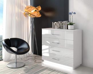 Kommode Lina mit Schubladen und glänzenden Griffen in Chrom Weiß Hochglanz HG Schlafzimmer Schlafzimmerkommode Highboard Sideboard Schrank Mehrzweckschrank
