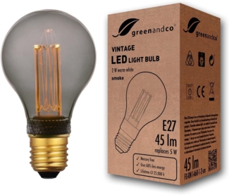greenandco Vintage Design LED Birne zur Stimmungsbeleuchtung | E27 A60 | smoke | 2W 45lm | 1800K extra warmweiß | 320° | 230V | flimmerfrei | nicht dimmbar | Edison Glühbirne