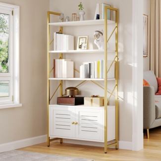 YITAHOME Bücherregal 5 Etagen mit Aufbewahrungsschrank, Bücherregal Weiß mit Türen für Schlafzimmer, Wohnzimmer, Büro, Regal Gold und Weiß und Gold