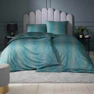 Estella Mako-Interlock-Jersey Bettwäsche-Garnituren 2 teilig Bezug 155x220 cm + 1 x Kissen 80x80 Ruben Grafisch petrol