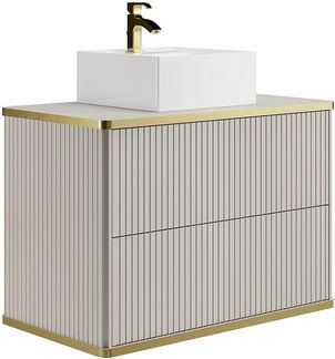 Vente-unique - Waschbeckenunterschrank hängend mit quadratischem Aufsatzwaschbecken - Streifenoptik - Goldfarbene Umrandung - Beige - 80 cm - KELIZA