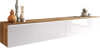 TV-Lowboard Stone 180, mit weißer LED Beleuchtung, Farbe: Wotan / Weiß Hochglanz