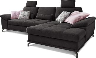 Cavadore Ecksofa Castiel mit Federkern / Großes Sofa in L-Form mit Sitztiefenverstellung, Kopfstützen und XL-Longchair / 312 x 114 x 173 / Webstoff, Schwarz