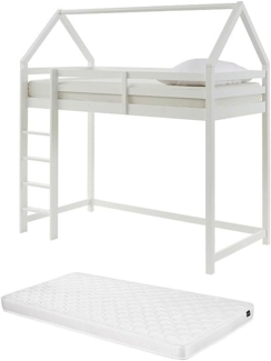 Vente-unique - Hochbett Hausbett mit Matratze - Kiefernholz - 90 x 190 cm - Weiß - TARZIA