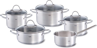 Fissler Topf-Set Palermo, Edelstahl 18/10 (Set, 9-tlg, Kochtopf 16/20/24cm, Bratentopf 20cm,Stielkasserolle ohne Deckel), geeignet für Induktion, breiter Schüttrand