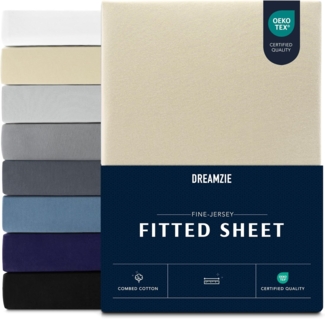 Dreamzie Premium Spannbettlaken 180x200 cm, Spannbetttuch für Dicke Matratzen bis zu 27 cm, Bettlaken 100% Jersey Baumwolle, 150 g/m², Oeko-TEX zertifiziert - Beige