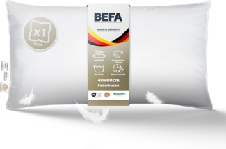 Federkopfkissen kuschelig weiches Premium Federkissen 40x80 cm, BEFA NATUR, Füllung: 100% Entenfedern, Seitenschläfer, Rückenschläfer, Bauchschläfer, Made in Germany - hochwertige Verarbeitung - Allergiker geeignet