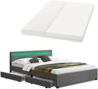 Juskys 'Lyon' Polsterbett mit Schubladen und LED-Beleuchtung, Kunstleder, Dunkelgrau, 180x200 cm, true