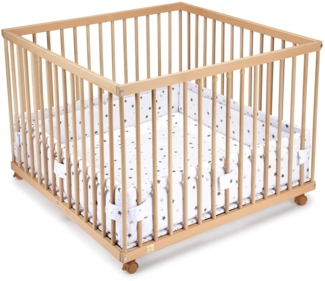 FabiMax Baby Laufgitter 100x100 Natur, stufenlos höhenverstellbar, mit Schlupfsprossen, Laufstall aus massivem Buchenholz (Graue Sterne)