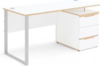 Stella Trading Memphis Schreibtisch in Weiß, Artisan Eiche Optik - Moderner Bürotisch Computertisch mit Metallgestell & Rollcontainer - 150 x 77 x 73 cm (B/H/T)