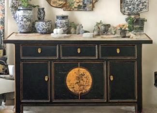 Vintage Sideboard Schwarz Beige Kommode chinesisch Kolonial-Stil Antik-Stil Lowboard Schrank asiatisch orientalisch Fernost shabby-chic Landhaus