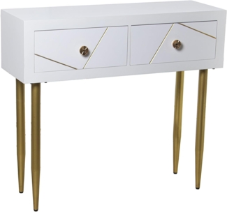 DRW Eingangstisch Konsolentisch aus Holz mit Zwei Schubladen in Weiß und Gold, 90 x 30 x 80 cm