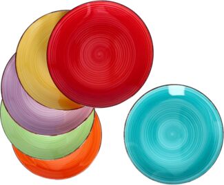 6tlg Speisetellerset Uni bunt Essteller Menüteller flach Servierplatte rund Tafel Steingut 6farbig