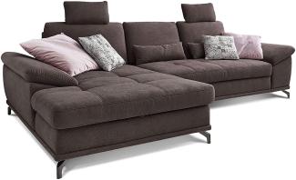 Cavadore L-Form-Sofa Castiel mit Federkern / Große Eckcouch mit Sitztiefenverstellung, Kopfstützen und XL-Longchair / 312 x 114 x 173 / Webstoff, Dunkelbraun